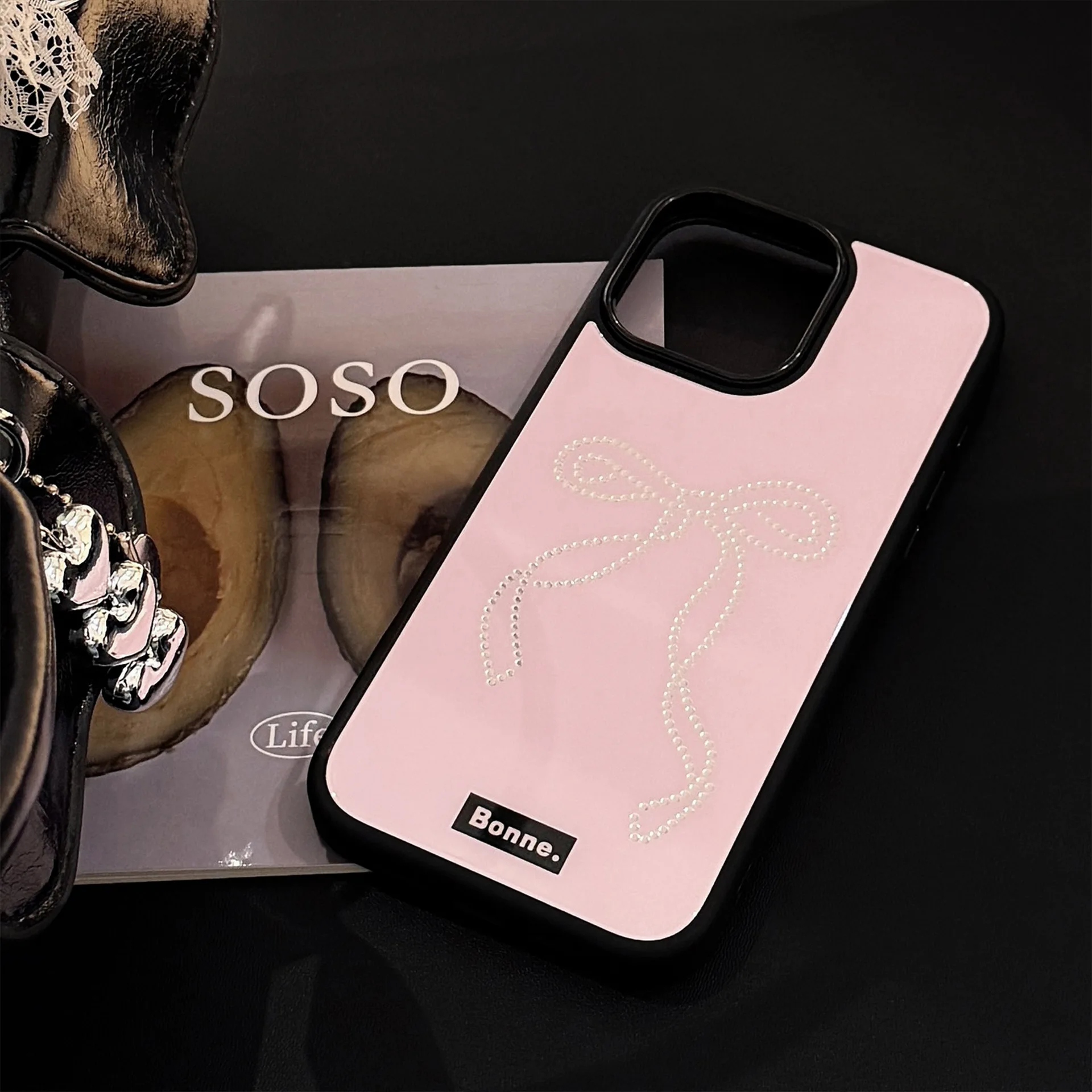 Funda de teléfono rosa brillante para iPhone 16 Pro Max 15 14 Plus 13 12, bonita funda dura con lazo de diamantes de imitación a prueba de golpes para regalo - imagen 3