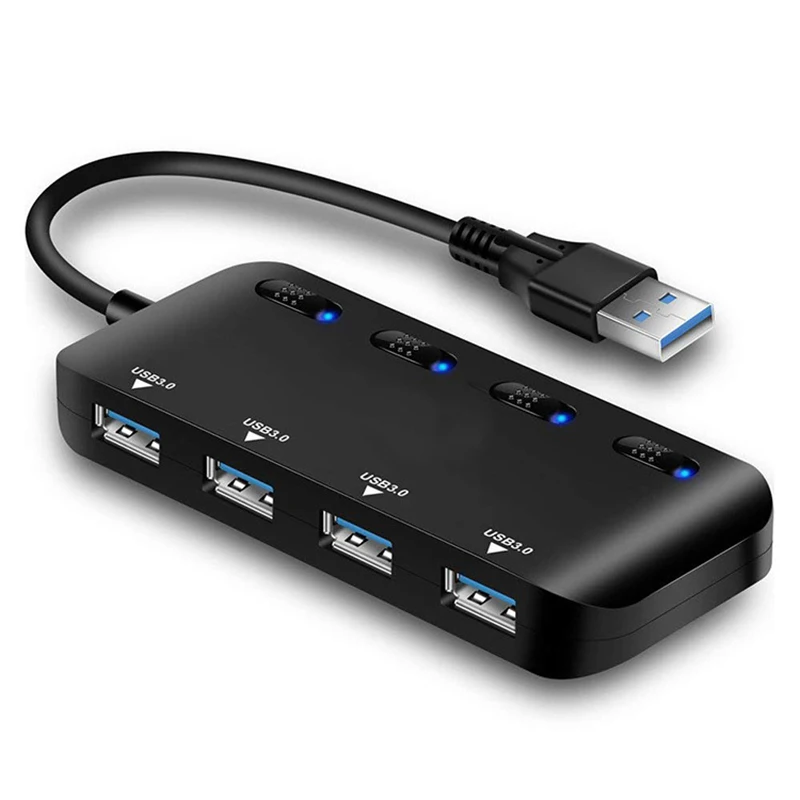 Hub USB 3,0 de 4 puertos, base de expansión múltiple de alta velocidad, divisor multi USB, extensor de interruptor independiente para PC y portátil