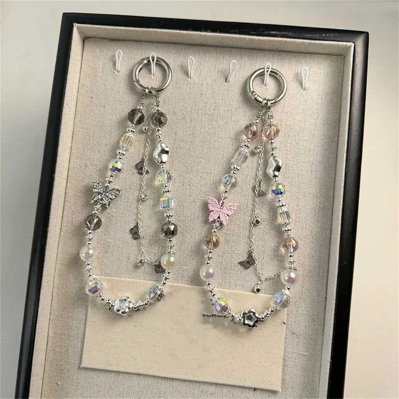 1 unidad de pulsera de lujo con diamantes de imitación y mariposa brillante para teléfono, correa con dije, nudo de cadena, cordón para teléfono móvil, bolso, llavero para cámara, regalo para niña