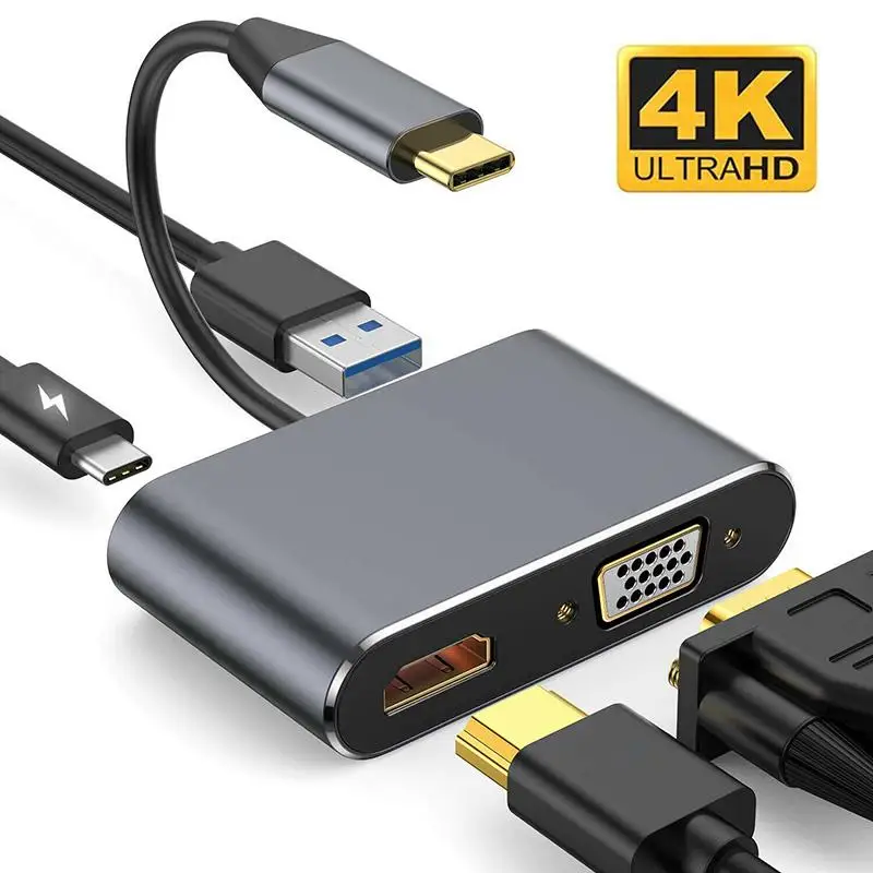 Nku-estación de acoplamiento USB C 4 en 1, Hub Thunderbolt3 tipo C a 4K HDTV/VGA/USB 3,0/PD, Cable convertidor de carga para PC y Macbook