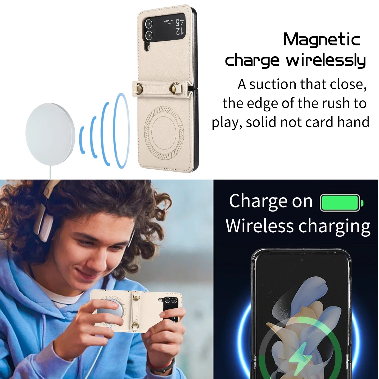 Funda de cuero magnética con carga inalámbrica cruzada para Samsung Galaxy Z Flip 6 5 4 3 Flip5 cordón de cuerda larga para funda Magsafe - imagen 3