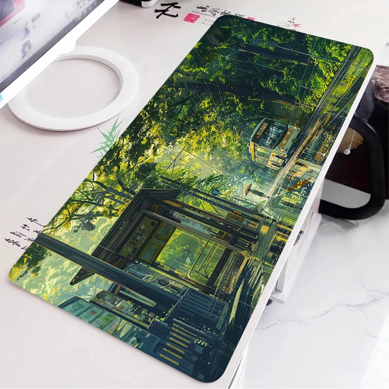 Alfombrilla de escritorio verde con paisaje de Anime Natural, alfombrilla para ratón portátil, accesorios para PC y oficinas, alfombrilla grande para ratón, alfombra de goma, almohadillas extendidas para teclado - imagen 3