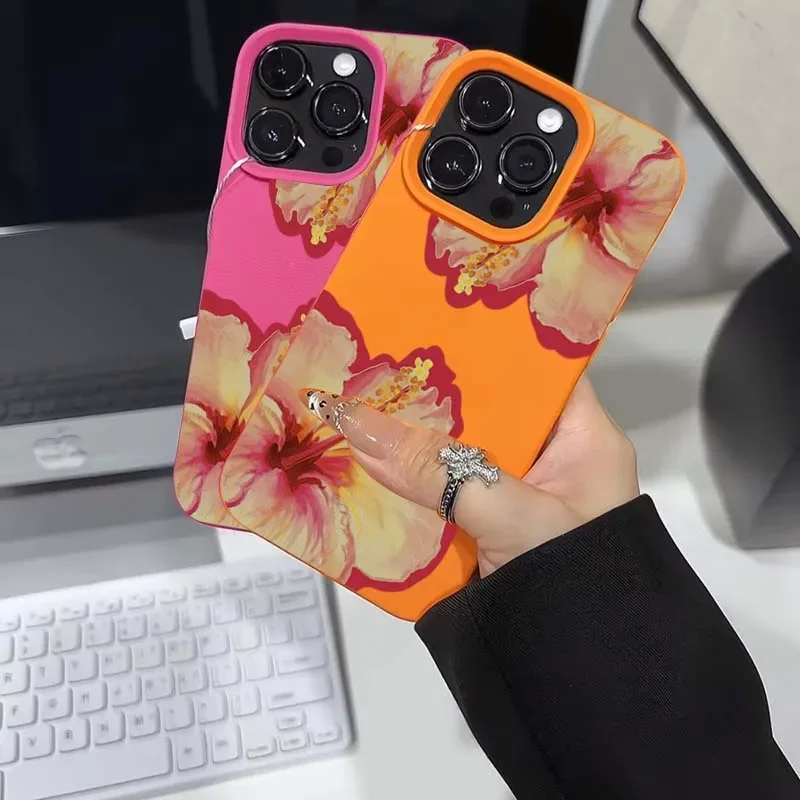 Funda de teléfono para iPhone 16 Pro Max XS X XR 15 14 13 12 11 16 15 Plus elegante funda suave de silicona con flor de hibisco rosa Lichee - imagen 4