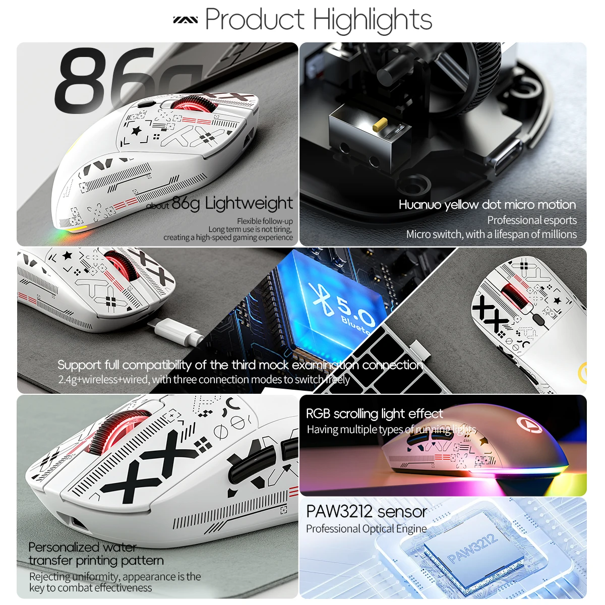 Ratón inalámbrico, Bluetooth/2.4G/ratón trimodo con cable, ratón para juegos - imagen 5