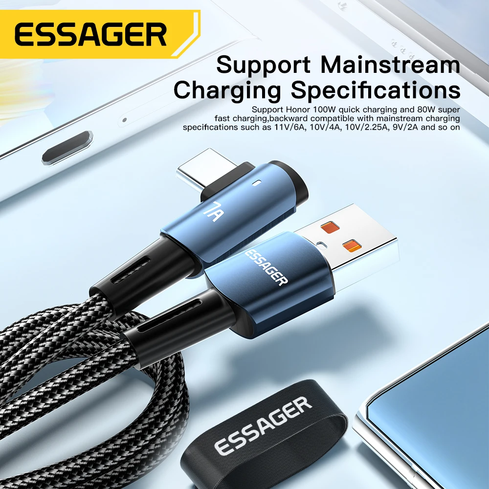 Essager-Cable USB tipo C de carga rápida para móvil, Cable de datos con ángulo para OPPO 100W, para Honor, Huawei P40, Oneplus, Realme, cargador de USB-C - imagen 2