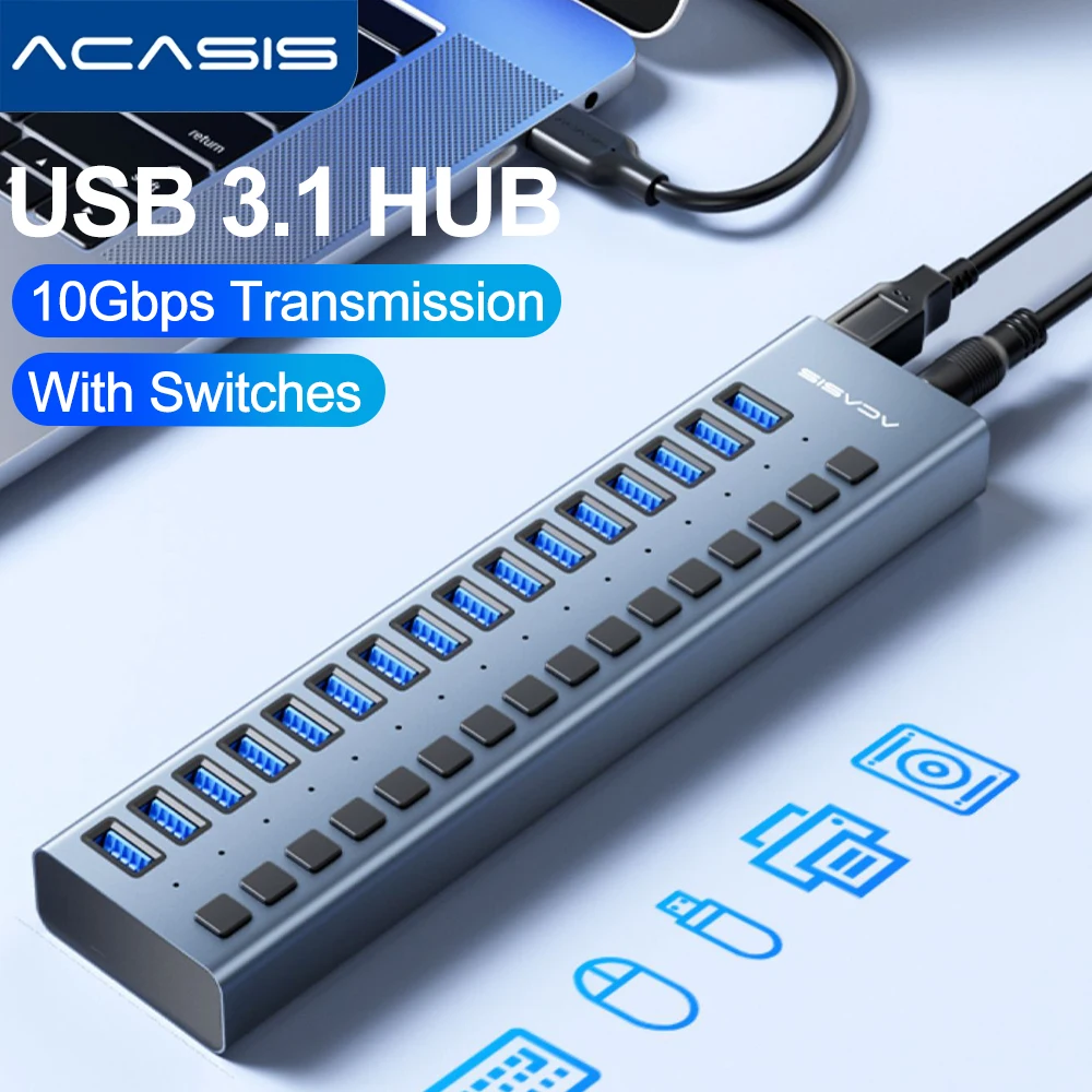 Acasis-Hub USB 3,1 de 10Gbps, divisor de 16 puertos, concentrador USB alimentado de aluminio para Pc, portátil, Macbook Pro, cubierta de vapor, carga de transferencia de datos
