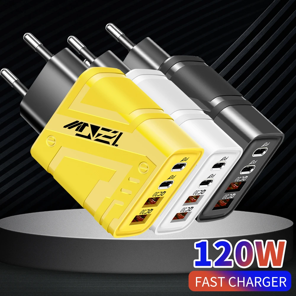 Cargador de carga rápida USB tipo C de 120W y 4 puertos, cargador de pared con enchufe UE/EE. UU., carga rápida PD 3,0, cargador multipuerto tipo C, adaptador de corriente