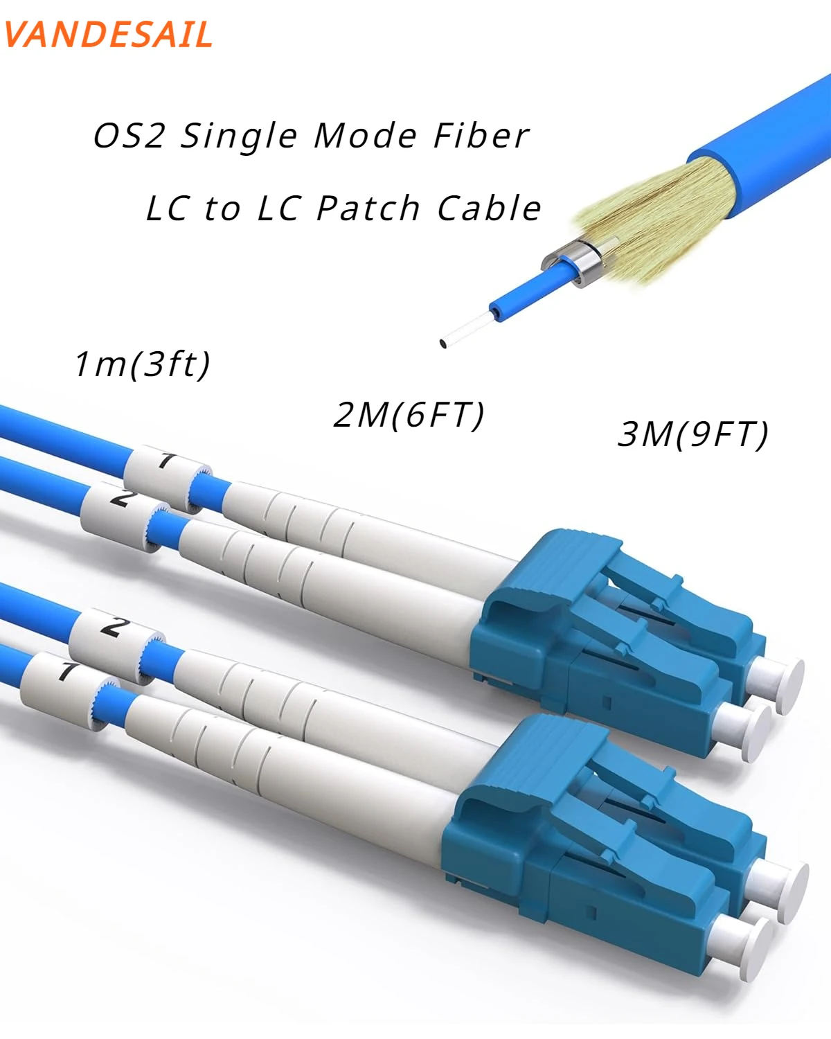 VANDESAIL Cable de fibra óptica monomodo blindado, Cable OS2 LC a LC Duplex SMF 9/125 μm, 1G/10G, LSZH 1-3M(3-9 pies), 1 paquete