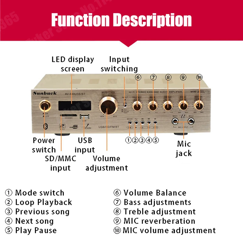 Amplificador SUNBUCK 580USB/BT 5 Canales HiFi Bluetooth FM Karaoke - imagen 2