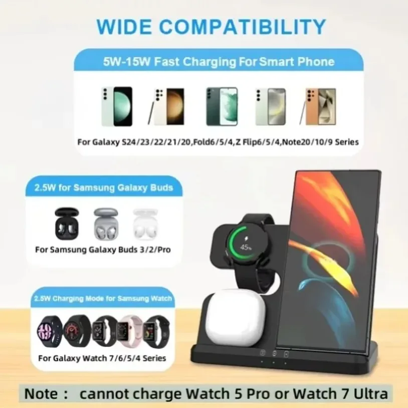 Soporte de cargador inalámbrico 3 en 1 para Samsung S25-S21 Z Fold 5 4 3 S24 S23 Galaxy Watch 2-7 Active 2 auriculares Pro base de carga rápida - imagen 2