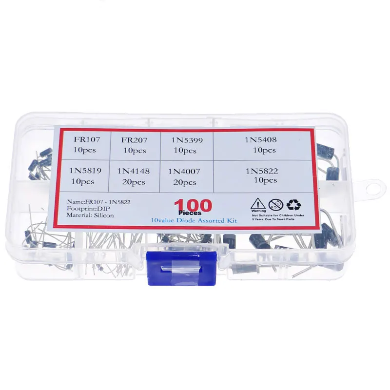 Kit de caja de diodos 100 Uds rectificador Schottky 1N4007 1N4148 1N5817 1N5408 1N5822 1N5399 FR107 FR207 juegos de paquete de diodos