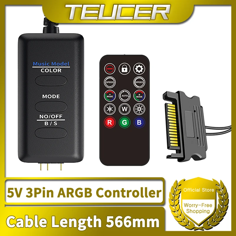 TEUCER-Cable de extensión de interfaz LC-S50R ARGB 5V, 3 pines a SATA, controlador de luz con Control remoto para ventilador de caja de PC