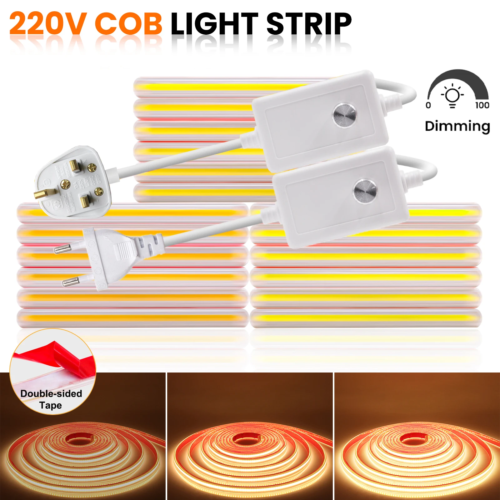 Tira de luces LED COB 288 LEDs/m 220V enchufe UE/Reino Unido con atenuador CRI RA90 cinta LED adhesiva impermeable IP67 para exteriores 3000K 4000K 6000K - imagen 2