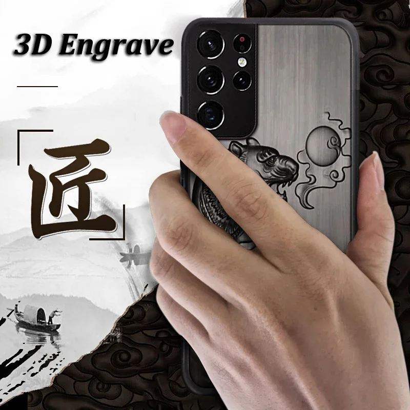 Funda de sándalo para Samsung Galaxy S25 S24 S23 S22 S21 S20 Ultra Plus, fundas de notas con relieve 3D, cubierta de madera con relieve de lobo, tigre y pez - imagen 3