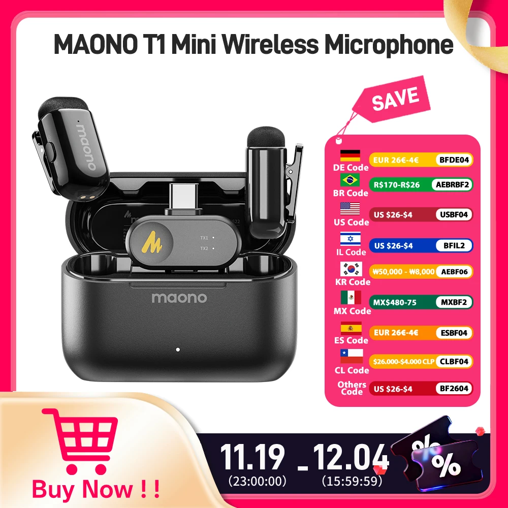 MAONO T1mini micrófono de solapa inalámbrico para cancelación de ruido de teléfono función de recorte automático configuración de aplicación micrófono de grabación de Audio y vídeo - imagen 2