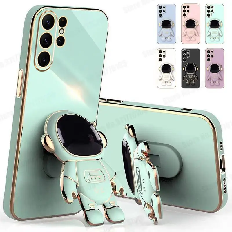 Funda de silicona Ultra suave para teléfono Samsung S23 Ultra 3D con dibujos de astronauta y soporte chapado para Galaxy S21FE S21 S20 Plus S20 - imagen 2