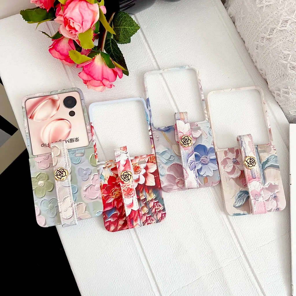 Con cordón para Honor Magic V Flip 5G relieve acuarela flores duro PC funda de teléfono a prueba de golpes - imagen 2