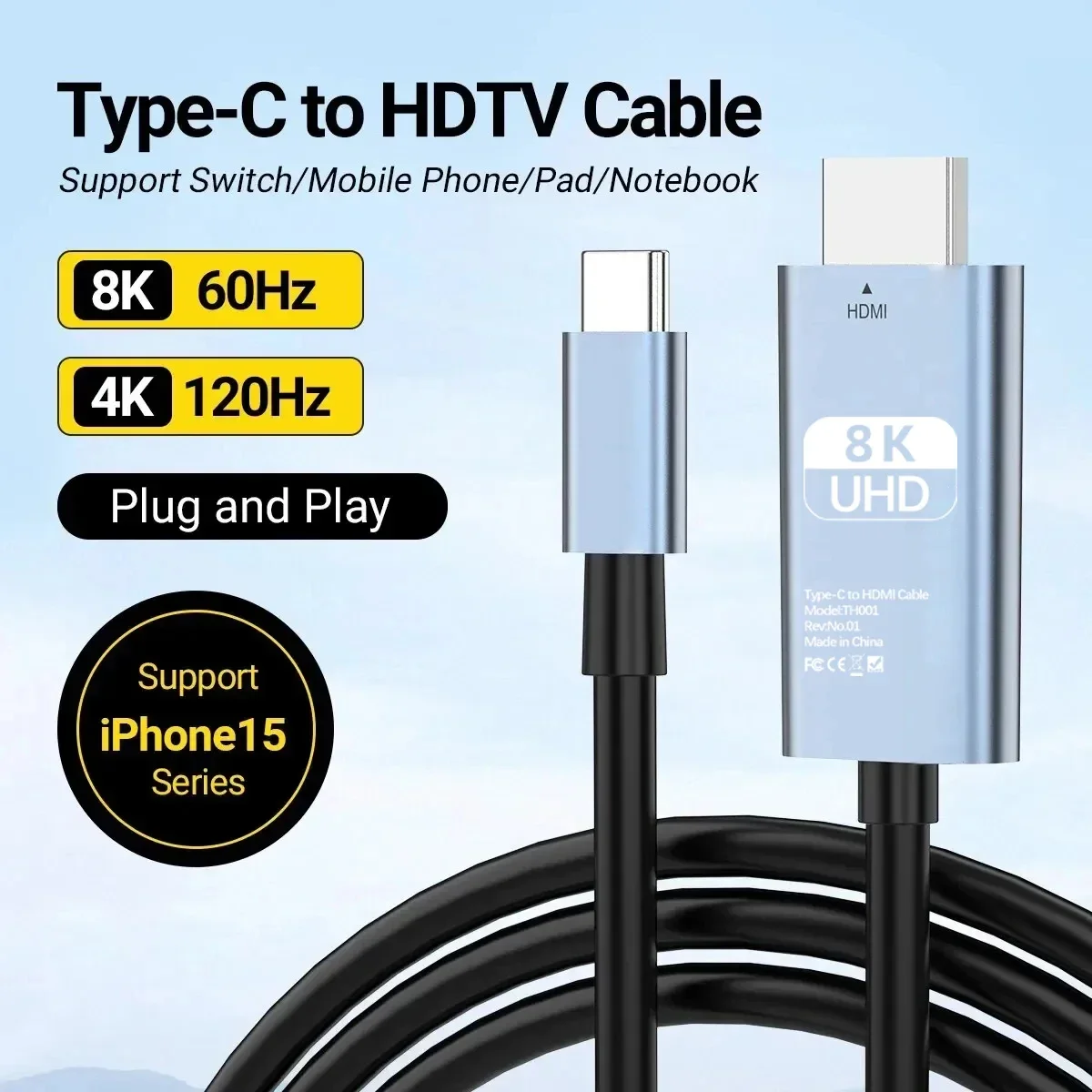 Cable 8K UHD tipo C a HDTV con 8K 60Hz/4K 120Hz perfecto para transmisión de juegos compatible con iPhone 15 Series Samsung Mac Pro Switch - imagen 3