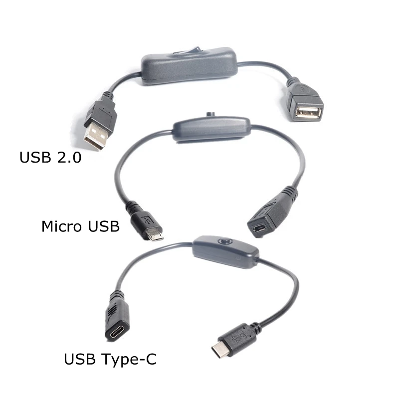 Cable USB 25cm USB tipo C USB-C y Micro usb y USB 2,0 A Cable de extensión macho a hembra con interruptor de encendido/apagado para Raspberry Pi 4