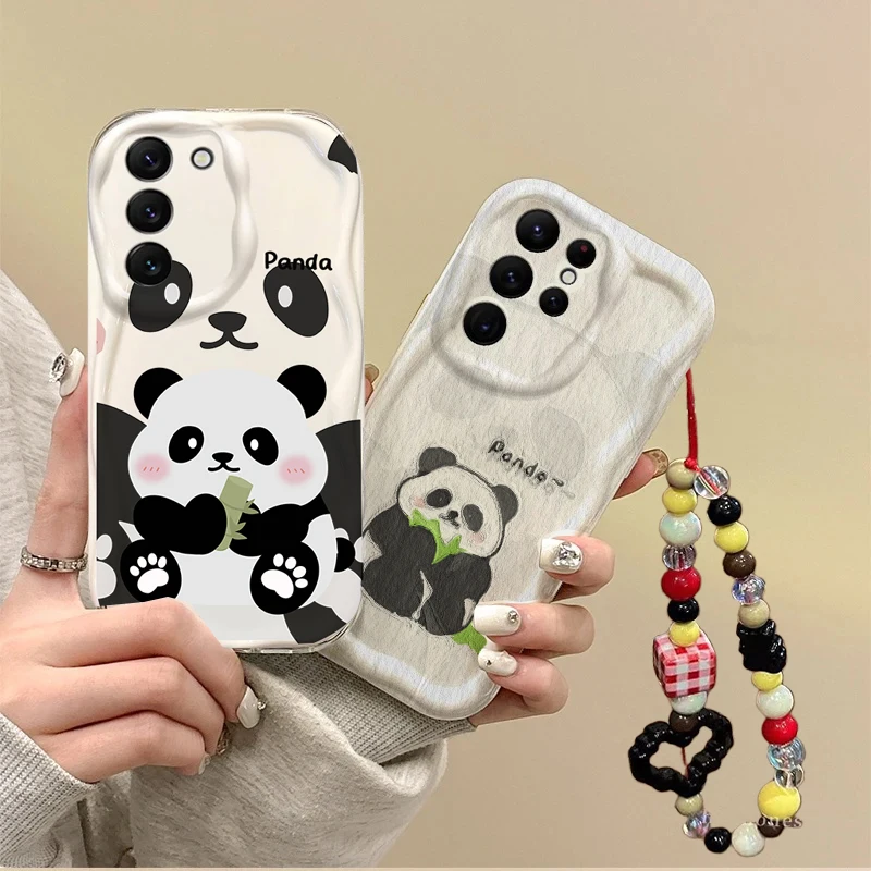 Funda bonita de animales Panda para Samsung Galaxy S26 Ultra S25 FE 5G S24 S22 S23 S21 S20 Plus Ultra FE con cordón para correa para la muñeca