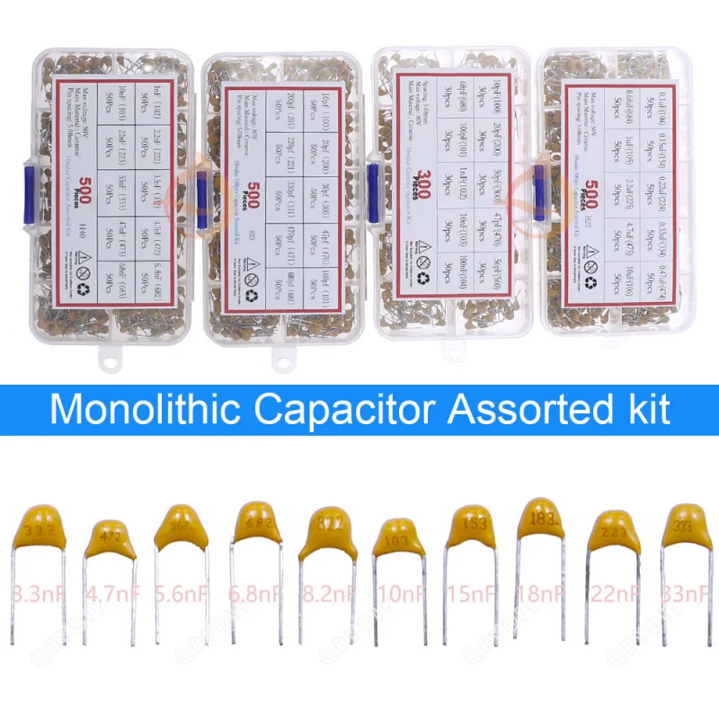 Kit de condensadores cerámicos multicapa 50V (100 ~ 106) 10pF ~ 10uF 102 103 104 105 22pF 47pF 68pF 1nF 10nF 100nF 0,1uF 1uF P = 5,08mm