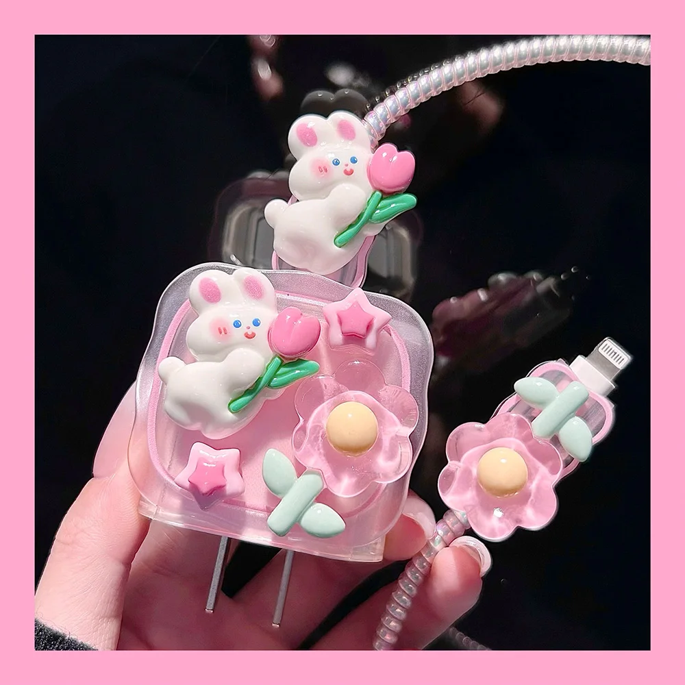 Bonita funda protectora suave de conejo para iPhone, cubiertas de cargador rápido PD, 20w, 18W, Protector de Cable para iPhone 13, 15, 11, 14, 12 Pro Max - imagen 3