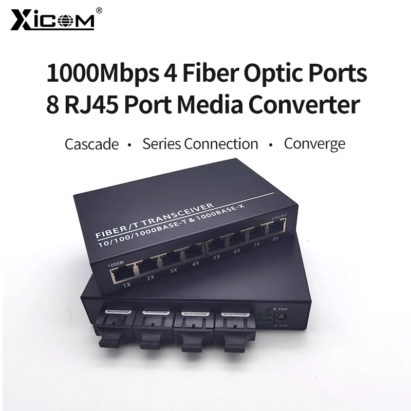 Convertidor de medios de fibra, conmutador Gigabit Ethernet, transceptor SC, modo único, 20KM, 1000M, 4 puertos de fibra, 8 puertos RJ45, simple/dúplex, 1 unidad - imagen 2