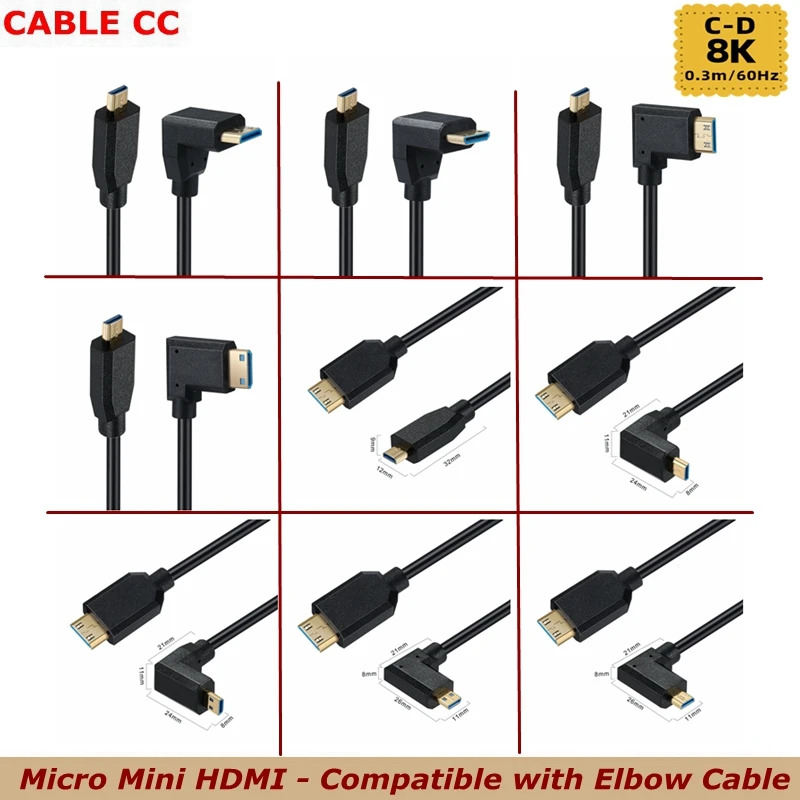 0,3 m C-D 2,1 V 8K 60Hz 4K120Hz 1080P 3D Mini HDMI compatible con Micro HDMI compatible con Cable de datos de codo