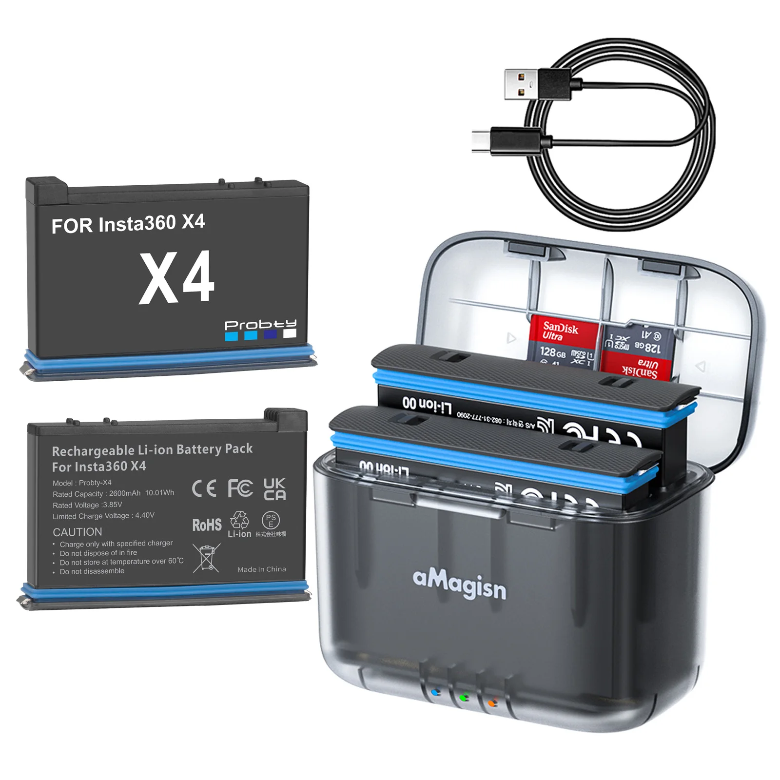Para batería Insta360 X4 con cargador, estuche de carga portátil y caja de almacenamiento de tarjeta de memoria, concentrador de carga para accesorios Insta 360 X4