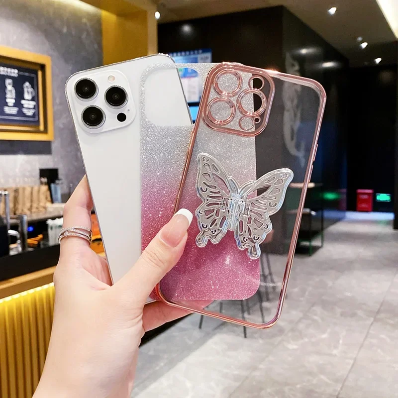 Funda de teléfono con soporte de mariposa chapada con purpurina para Funda Motorola Moto G9 G8 E7 Plus Power Play E6s E14 Edge 20 30 - imagen 3