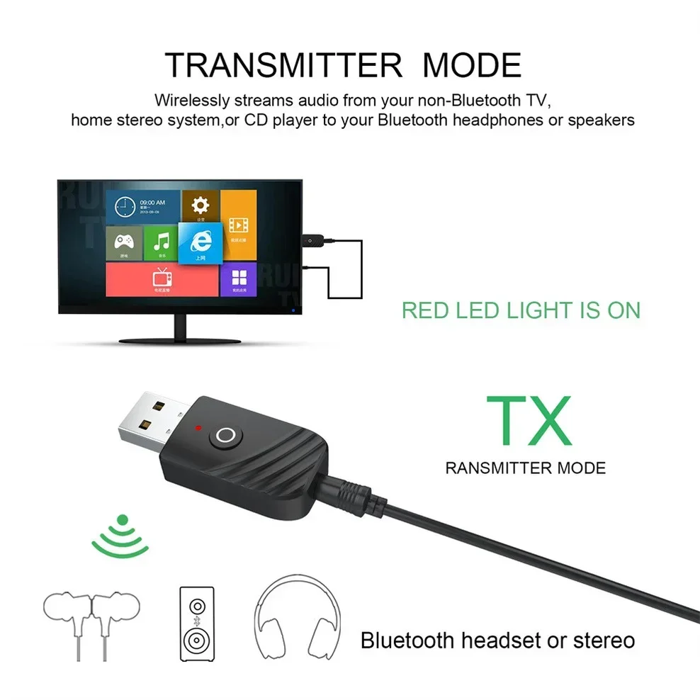 Transmisor receptor de Audio USB Bluetooth 5,0 3 en 1, aplicable al ordenador, adaptador de TV, salida Dual para altavoces y auriculares - imagen 3