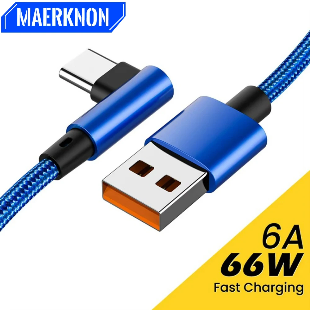 Cable de datos 6A 66W tipo C carga rápida codo de 90 grados USB A a tipo C para Iphone 15 16 Xiaomi Samsung Huawei 0,25 m/1m/1,5 m/2m/3m