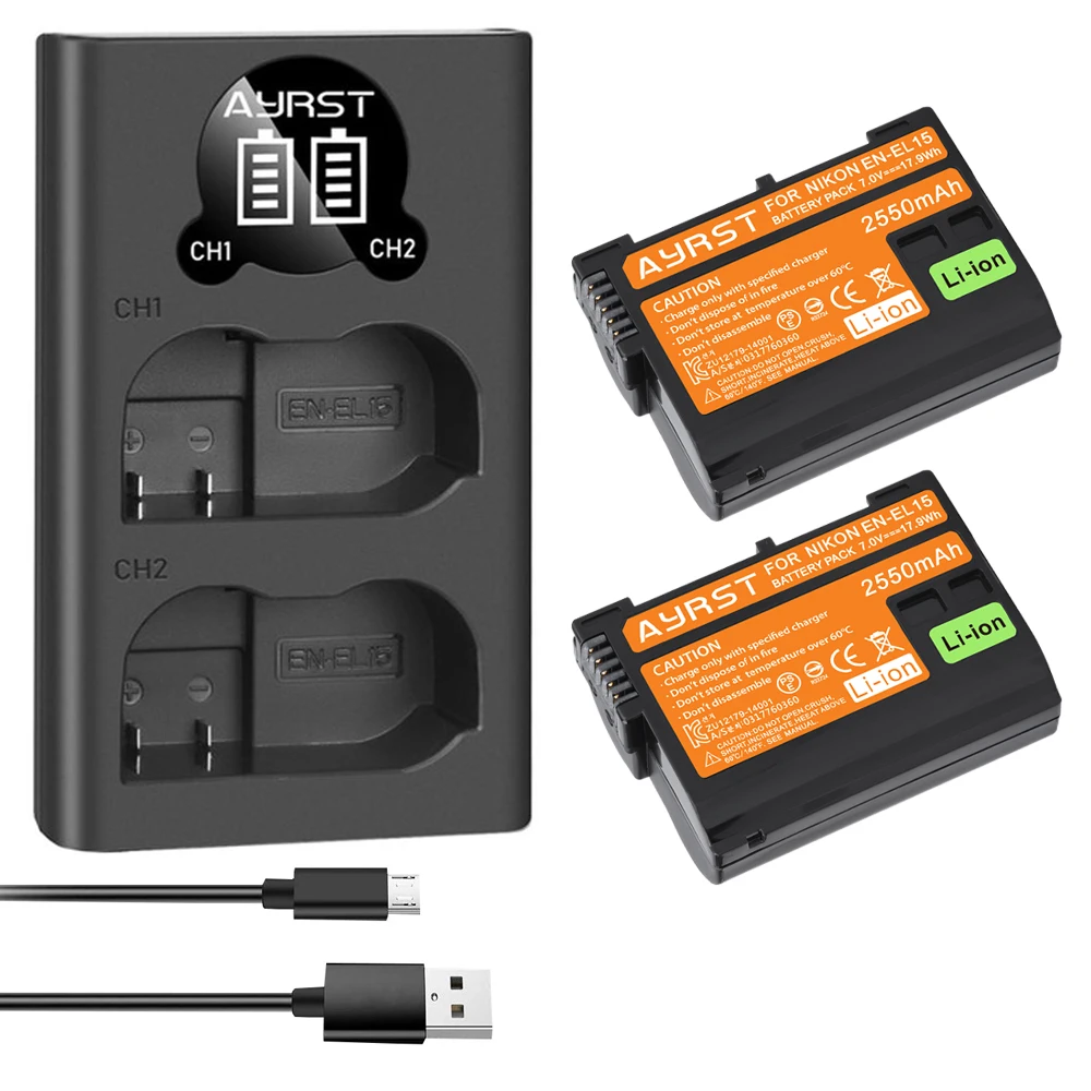Batería EN-EL15C EL15 de 2550mAh + cargador Dual USB LED para Nikon Z5, Z6, Z6 II, Z7, Z7II D600 D610 D600E D800 D800E D810
