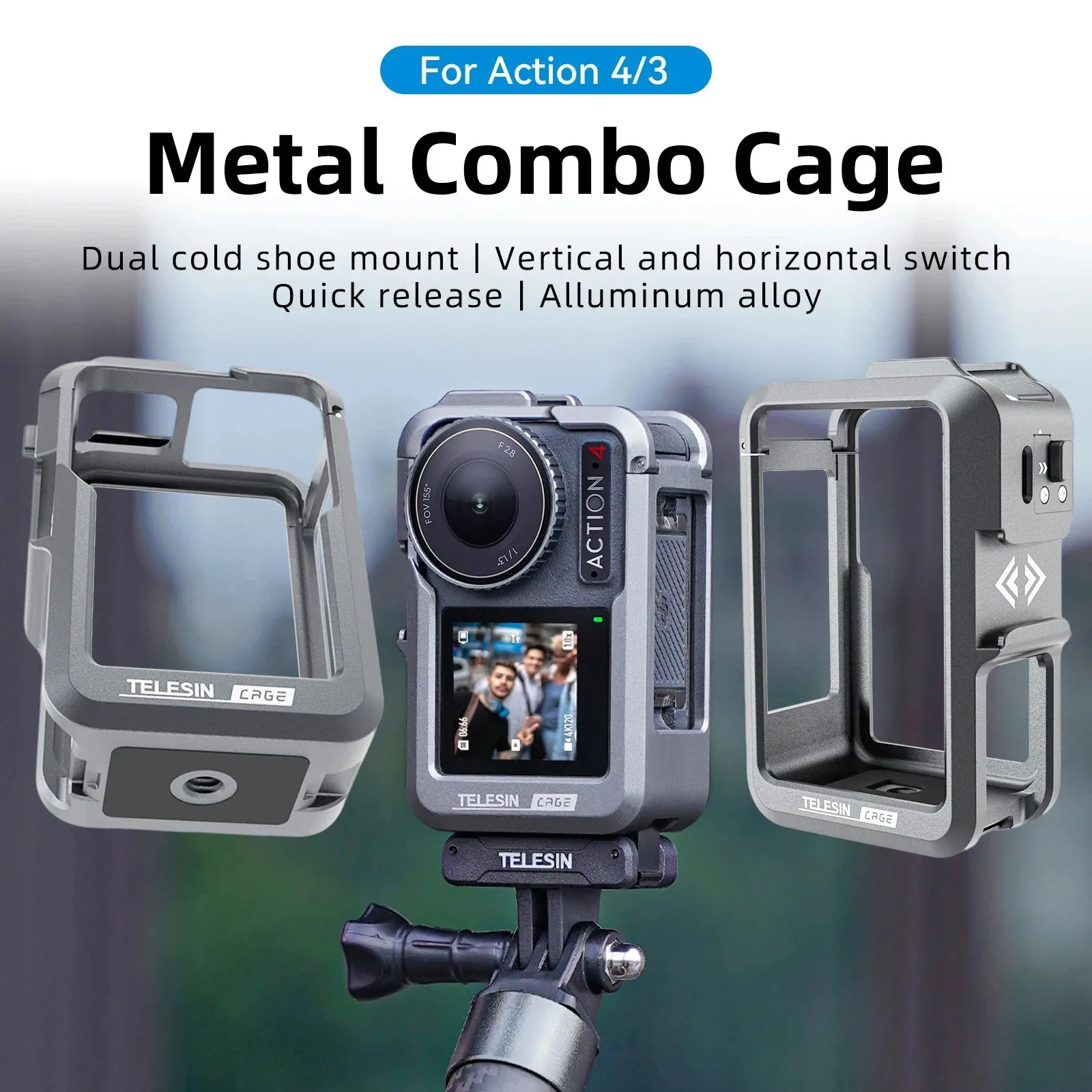 TELESIN-funda protectora de aleación de aluminio para cámara DJI Osmo Action 4, 3, jaula de Metal, montaje de liberación rápida con zapata fría doble