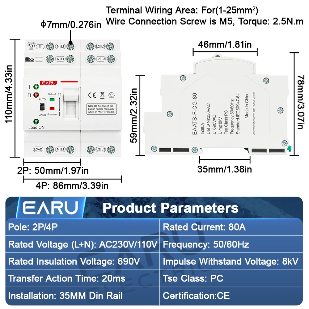 2P 4P 80A AC 230V 110V ATS Mini interruptor de transferencia automática interruptores selectores eléctricos de doble potencia potencia potencia ininterrumpida carril Din - imagen 2