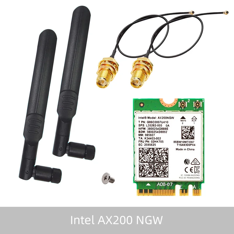 Un fondo blanco con una tarjeta Intel AX200NGW verde y blanca y cables negros