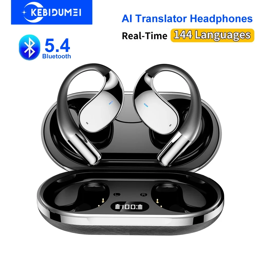 Auriculares Bluetooth 5,4, auriculares con traducción en tiempo Real AI, compatibles con 144 idiomas, auriculares con gancho para la oreja, auriculares HiFi con reducción de ruido