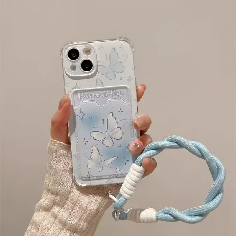 Bolsa de tarjeta de mariposa rosa y azul, funda de teléfono con cuerda y correa de mano para Iphone 17 Air 16E 13 14 15 16 17 Pro Max 11 12 13 Pro 16 Plus - imagen 4