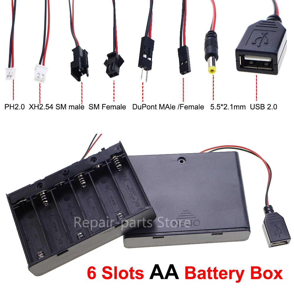 Caja porta baterías AA, caja de almacenamiento de batería con 6 ranuras, con interruptor y cubierta y cable Terminal DuPont PH2.0 XH2.54 DC5.5X2.1 USB2.0