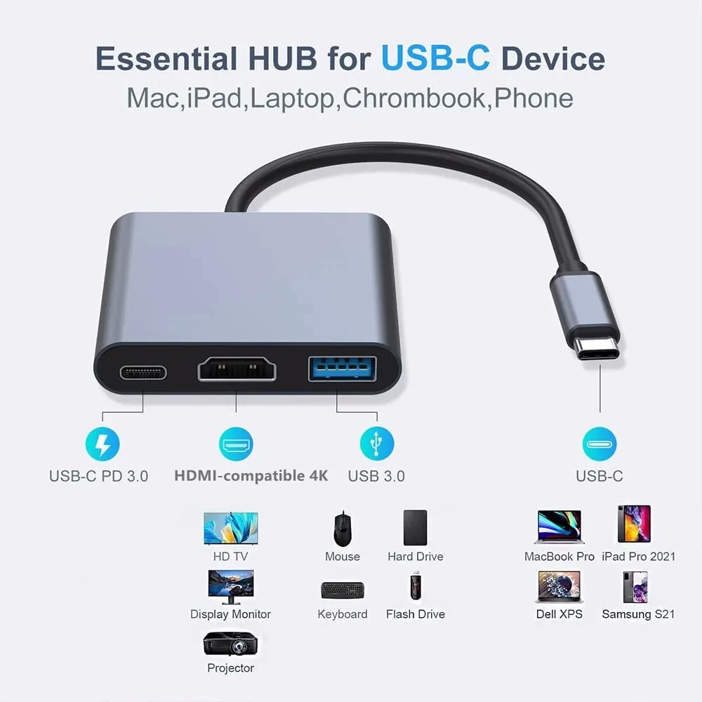 3 en 1 Usb-C Usb Hub macho a hembra Compatible con Hdmi 4k Usb 3,1 tipo C a Usb 3,0 adaptador de carga para Macbook Air 12 convertidor - imagen 2