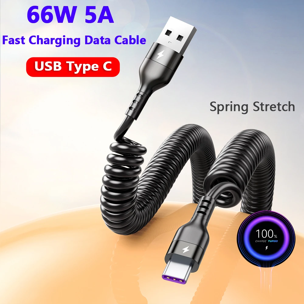 Cable telescópico de resorte de datos de carga rápida USB tipo C de 66W 5A para Samsung S24 Xiaomi Huawei Android teléfono coche línea de carga USB C