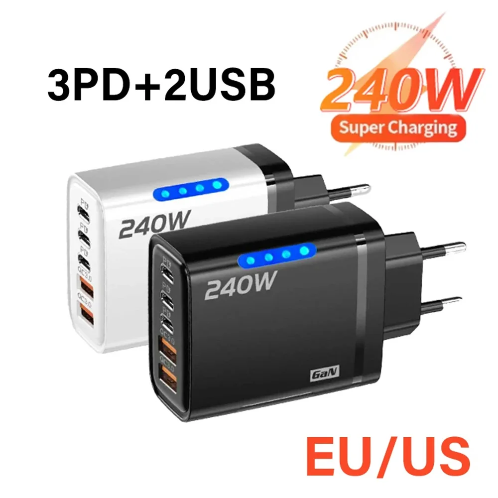 Cargador USB C PD de 5 puertos, adaptador de carga rápida QC3.0, múltiples dispositivos, cargador de escritorio Universal de pared simultánea