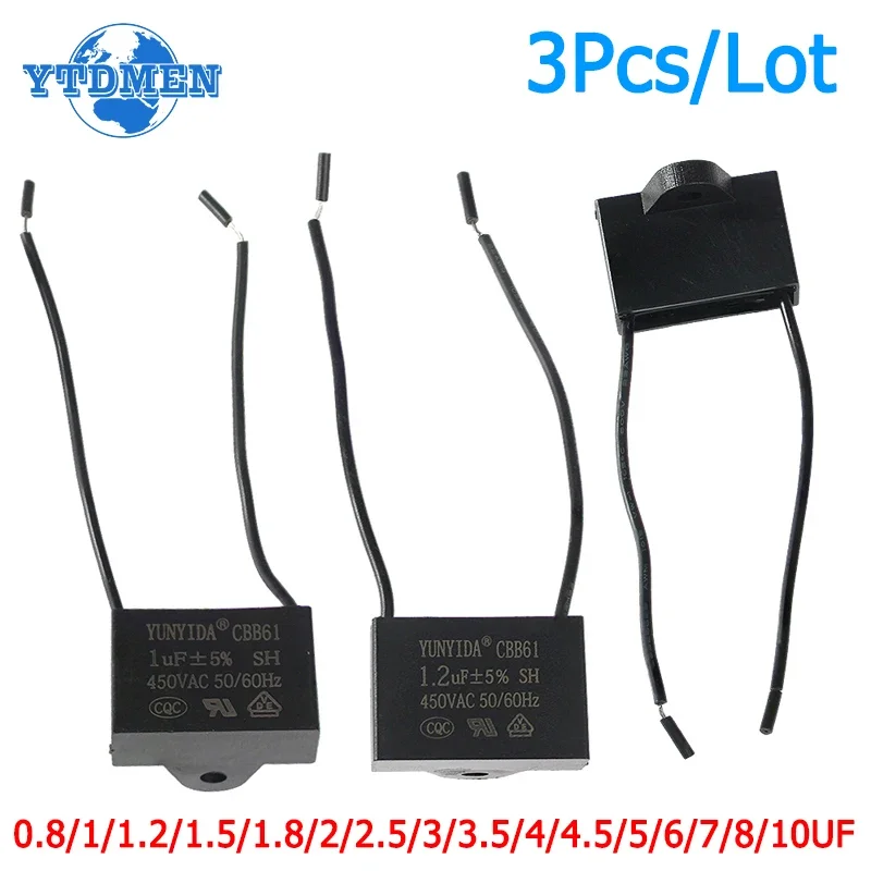 3 uds CBB61 450V condensador de ventilador 0,8/1/1,2/1,5/1,8/2/2,5/3/3,5/4,5/5/6/7/8/10 UF Kit de condensadores rectangulares para Motor de ventilador de techo