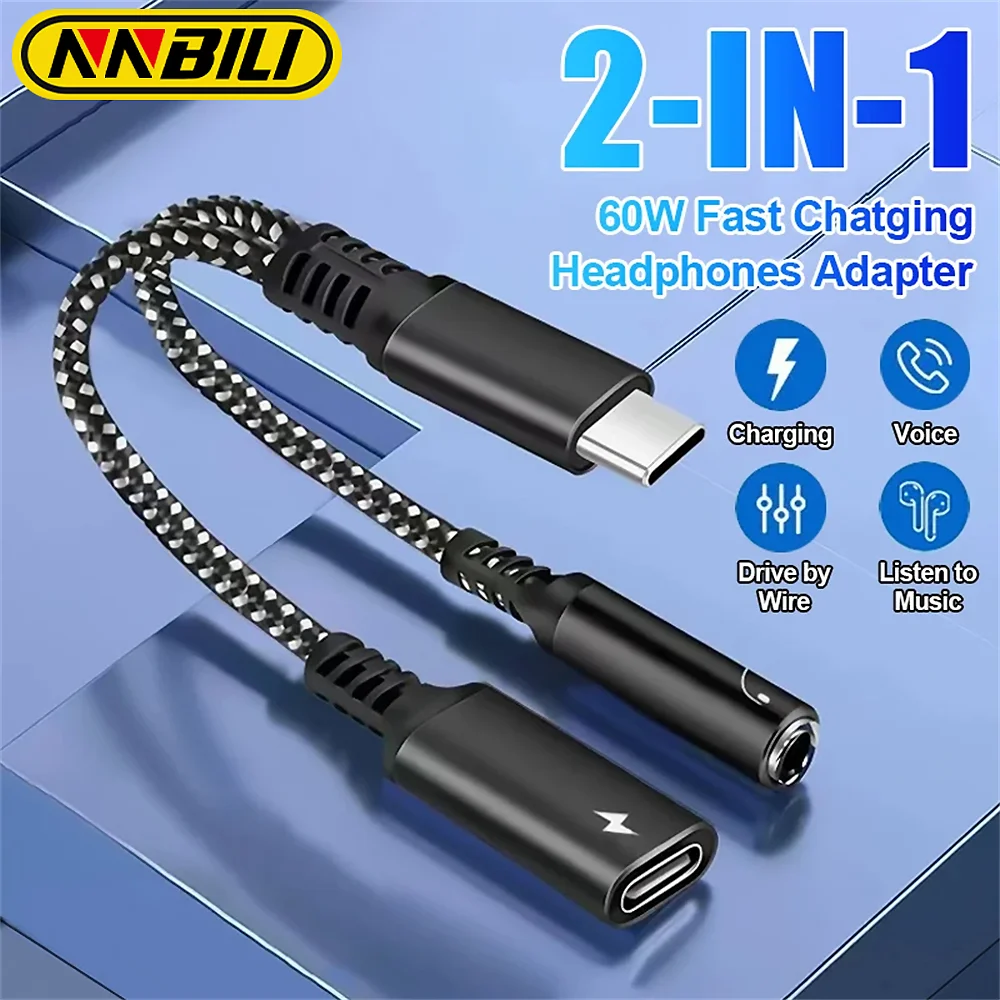NNBILI-adaptador auxiliar de Audio 2 en 1 USBC a 3,5mm, conector para auriculares tipo C, PD, 60W, 15 para iPhone, iPad Pro, Samsung S24, Xiaomi y Huawei