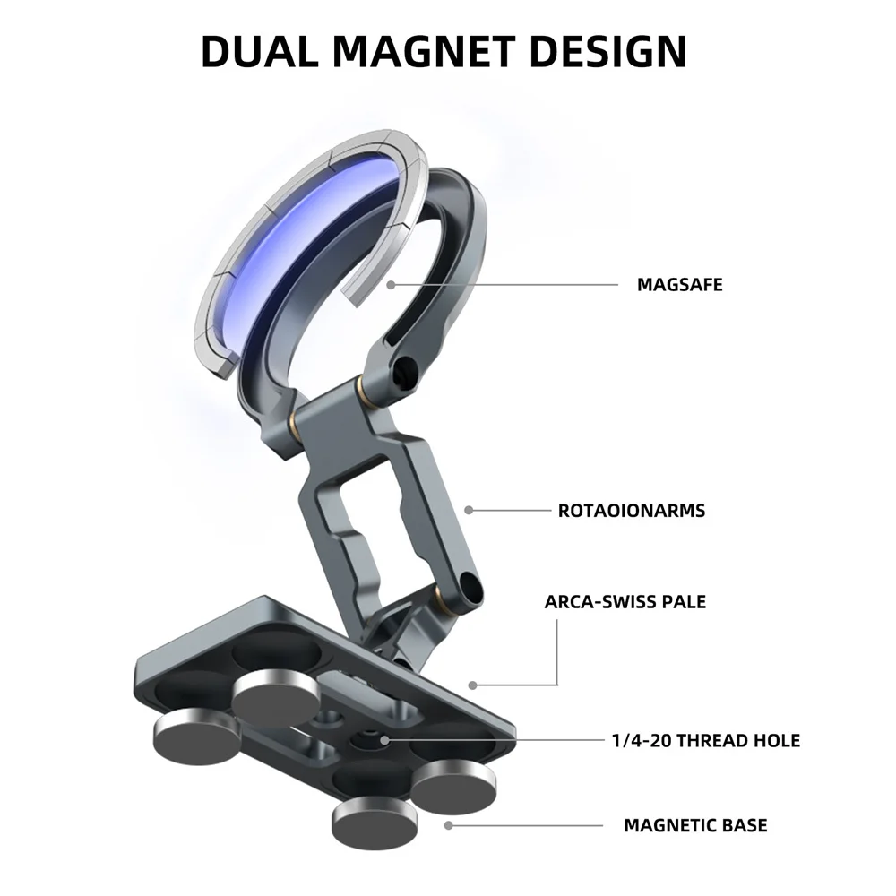 Soporte magnético doble para teléfono, trípode plegable para teléfono, 1/4 pulgadas y ARCA-Swiss, escritorio, gimnasio/coche/avión, soporte para Masafe, iPhone y Android - imagen 4