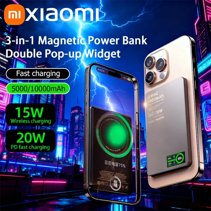 Xiaomi-Banco de energía magnético 3 en 1, carga súper rápida inalámbrica QI 15W con pantalla LCD inteligente para productos de la serie Iphone - imagen 2