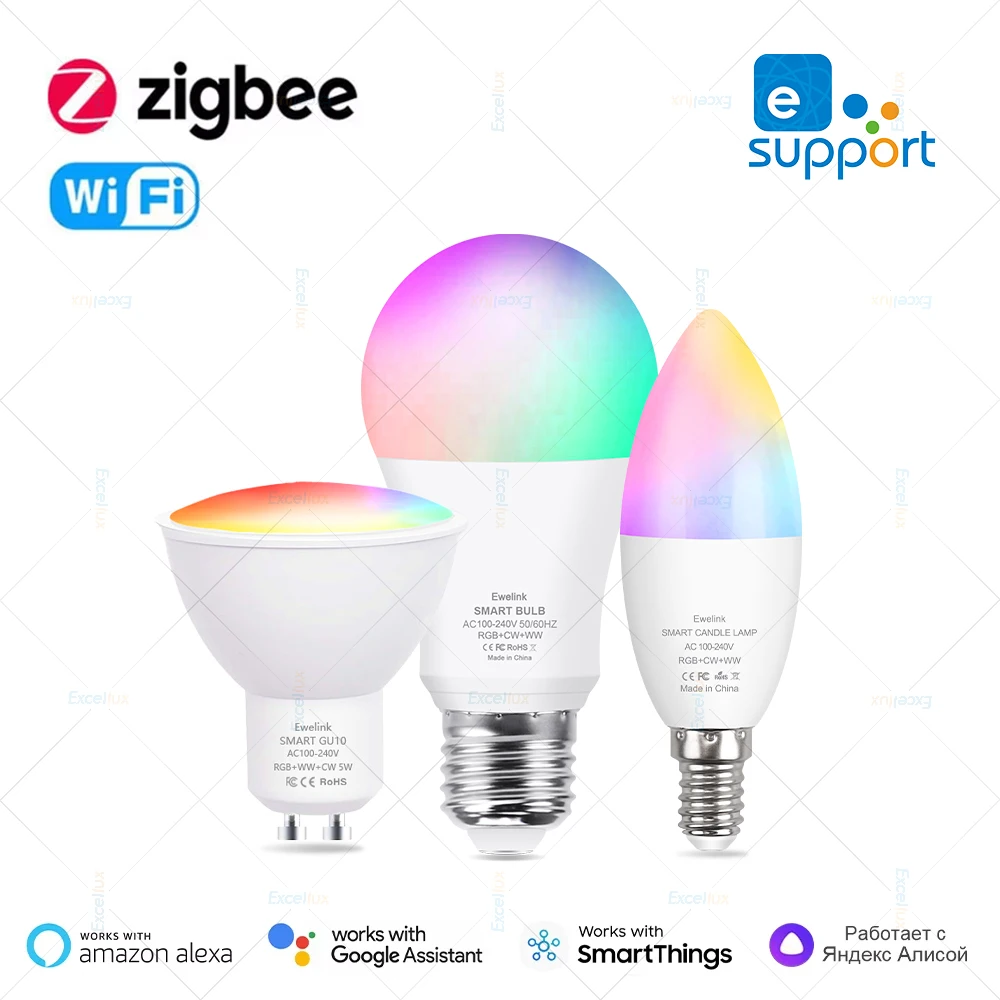 EWelink E27 E14 GU10 bombilla WiFi Zigbee, lámparas LED de luz regulable 3000-6500k RGB, bombillas LED, lámpara de vela foco de luz de voz con Alexa