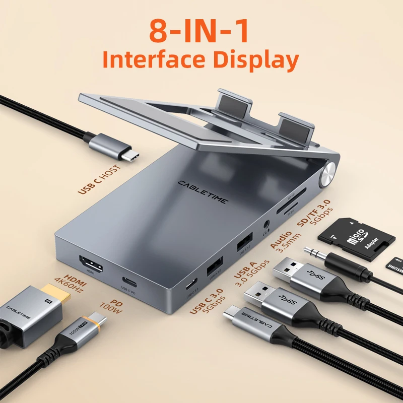 CABLETIME 8 en 1 USB C Hub con soporte plegable HDMI 4K 60Hz PD 100W USB 5Gbps Aux 3,5mm para IPad Pro Android Tablet C503 - imagen 5