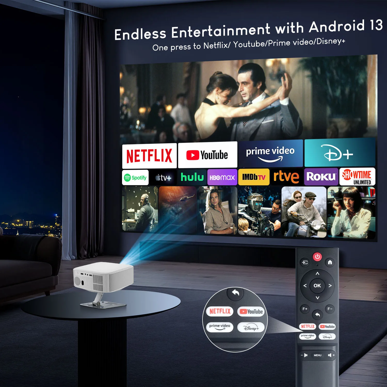 Proyector Salange 1080P Video 4K Compatible con sistema operativo Android 13.0 Corrección trapezoidal automática Enfoque eléctrico Pantalla grande de 300 pulgadas Bluetooth 5.2 - imagen 4