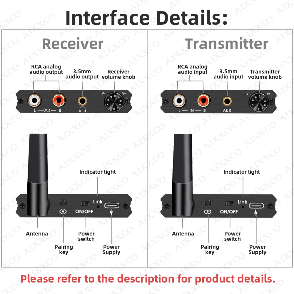 AIXXCO 50 metros 5,8G RCA transmisor y receptor de Audio con adaptador de Audio inalámbrico R/L RCA de 3,5mm para ordenador DVD TV - imagen 4
